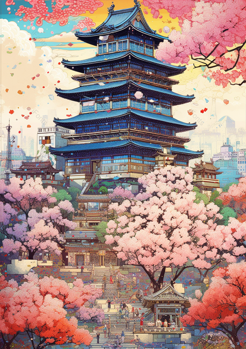 浪漫国潮国风山水建筑滕王阁插画,插画/手绘图,插画/手绘图库,插画/手绘图下载,插画/手绘